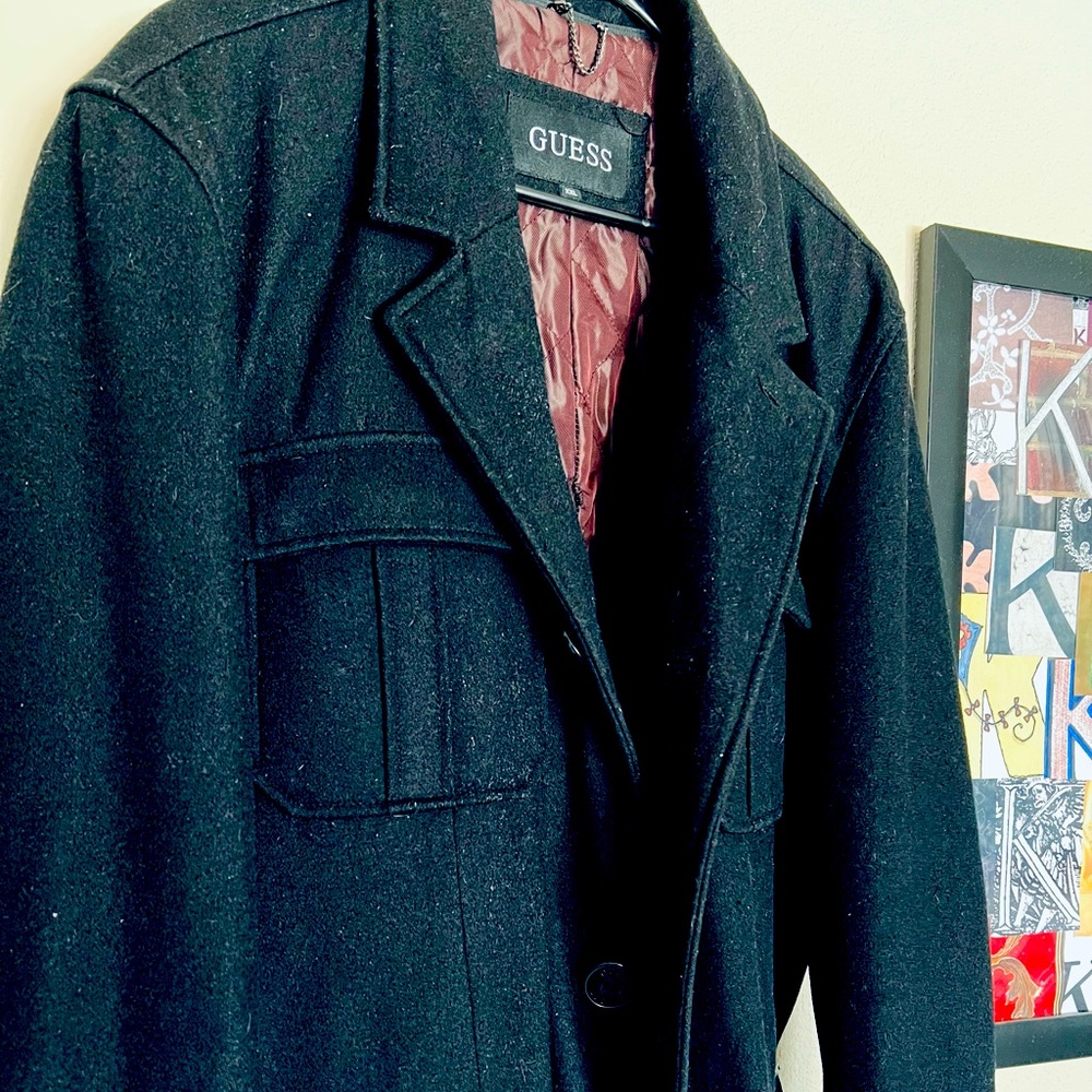Guess Mens black Wool pea coat.